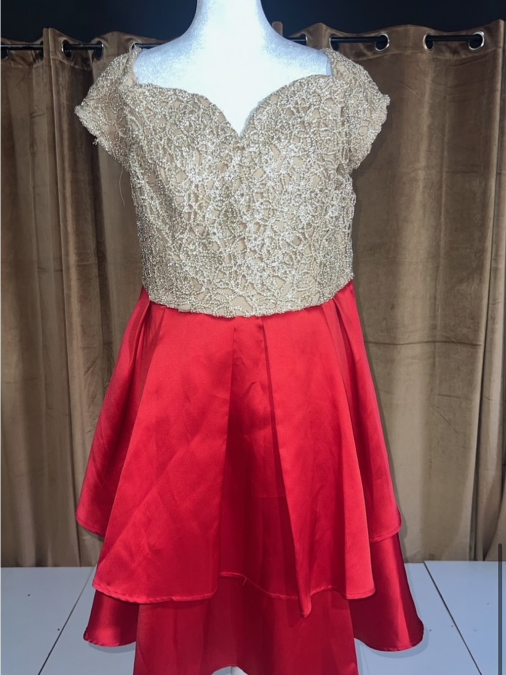 Gold Lace Bodice & Red Skirt Homecoming Dress